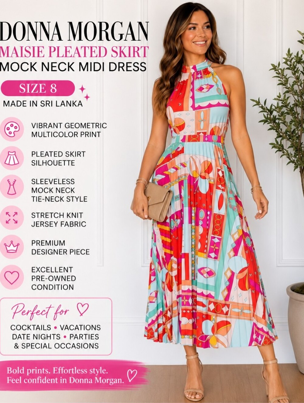 Donna Morgan Maisie Pleated Skirt Mock Neck Midi Dress Size 8
